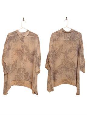 Chico's Women's Cream Gray Paisley Oversized Sheer Button Front Blouse Size 3!
